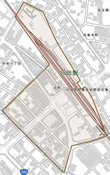 元町とその周辺の地図。町の範囲を重ねている