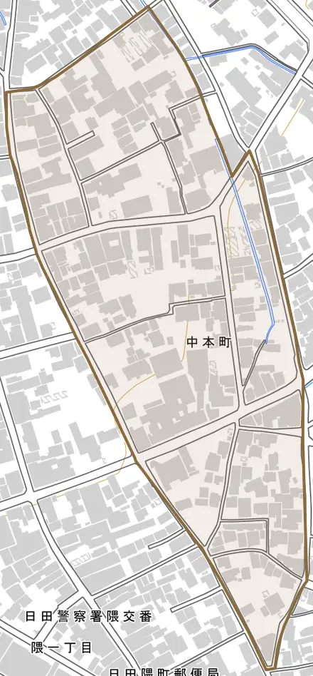 中本町とその周辺の地図。町の範囲を重ねている