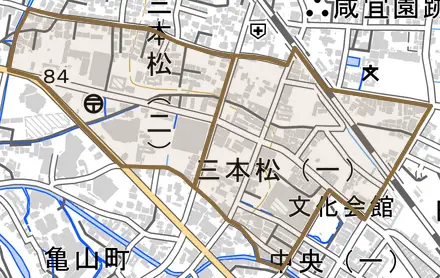 三本松とその周辺の地図。町の範囲を重ねている