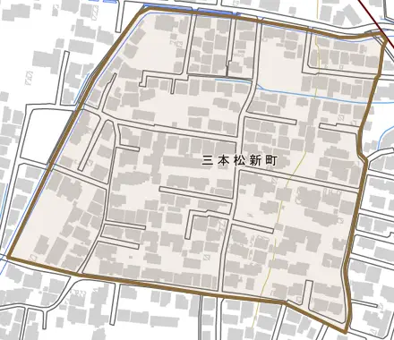 三本松新町とその周辺の地図。町の範囲を重ねている