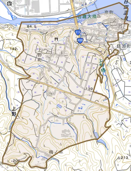 大字上野とその周辺の地図。町の範囲を重ねている