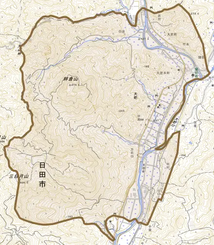 大字大肥とその周辺の地図。町の範囲を重ねている