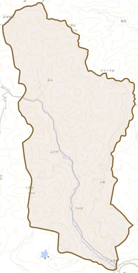 大字小野とその周辺の地図。町の範囲を重ねている
