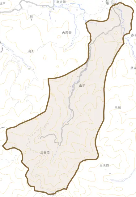 大字小山とその周辺の地図。町の範囲を重ねている