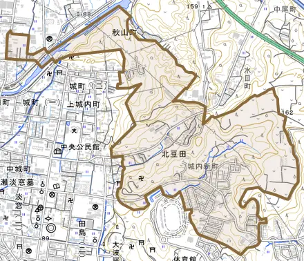 大字北豆田とその周辺の地図。町の範囲を重ねている