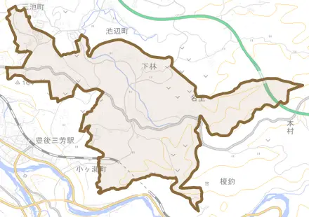 大字求来里とその周辺の地図。町の範囲を重ねている