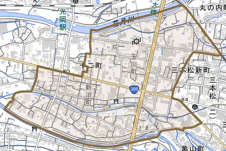 大字十二町とその周辺の地図。町の範囲を重ねている