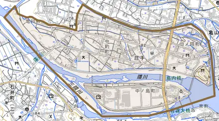 大字庄手とその周辺の地図。町の範囲を重ねている
