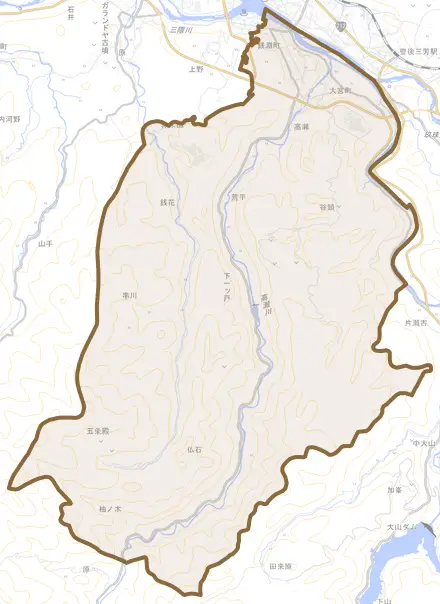 大字高瀬とその周辺の地図。町の範囲を重ねている