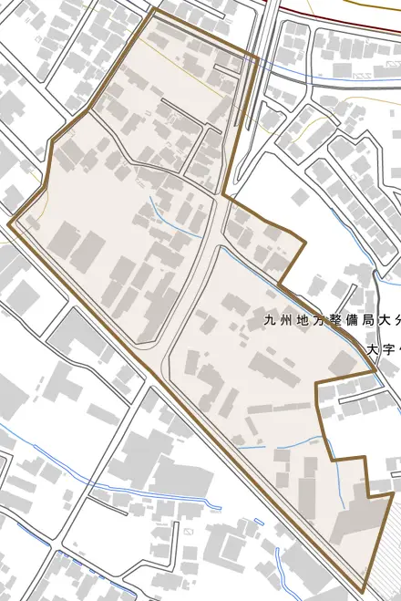 大字竹田とその周辺の地図。町の範囲を重ねている