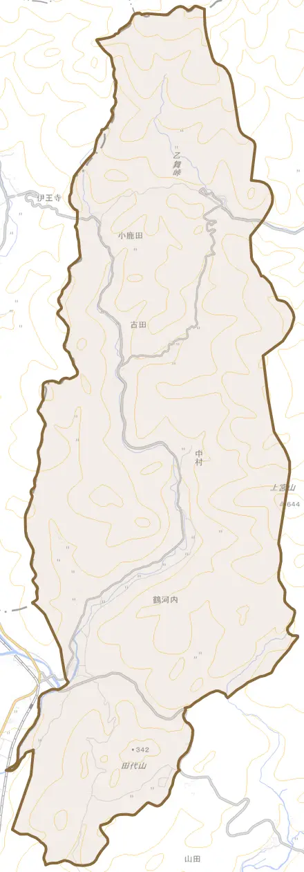 大字鶴河内とその周辺の地図。町の範囲を重ねている