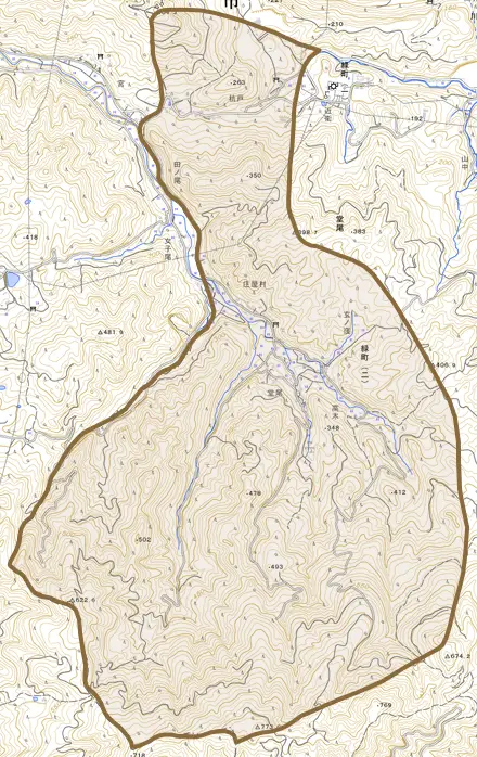 大字堂尾とその周辺の地図。町の範囲を重ねている