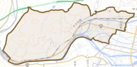 大字友田とその周辺の地図。町の範囲を重ねている