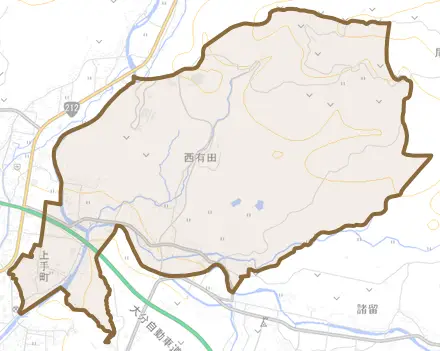 大字西有田とその周辺の地図。町の範囲を重ねている
