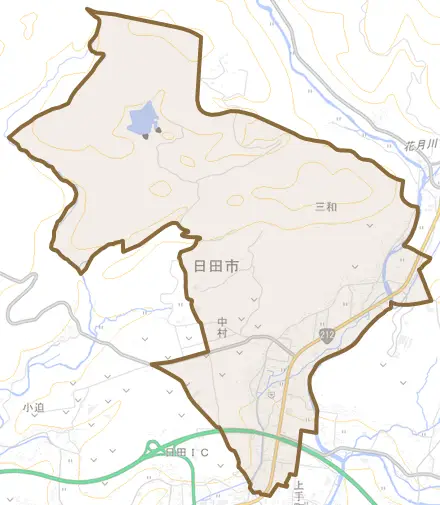 大字三和とその周辺の地図。町の範囲を重ねている