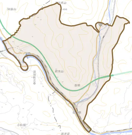大字夜明とその周辺の地図。町の範囲を重ねている