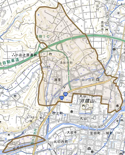 大字渡里とその周辺の地図。町の範囲を重ねている