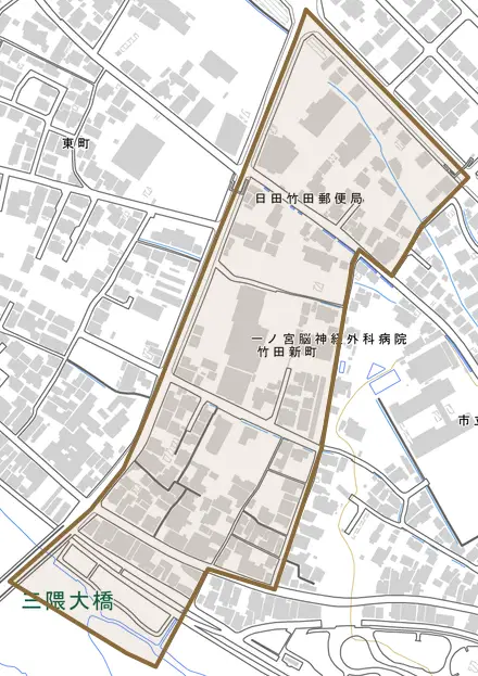 竹田新町とその周辺の地図。町の範囲を重ねている