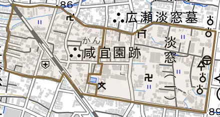 淡窓とその周辺の地図。町の範囲を重ねている