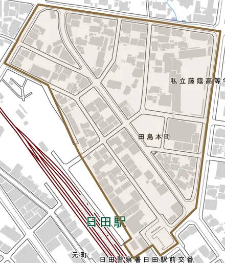 田島本町とその周辺の地図。町の範囲を重ねている