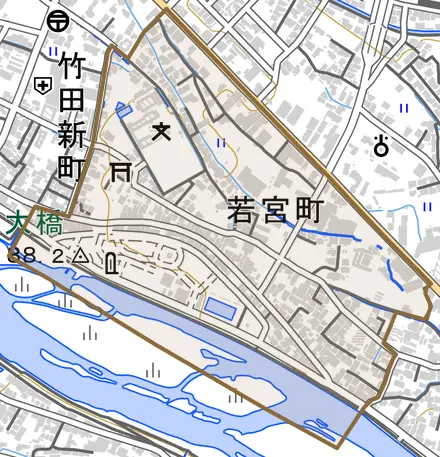 若宮町とその周辺の地図。町の範囲を重ねている