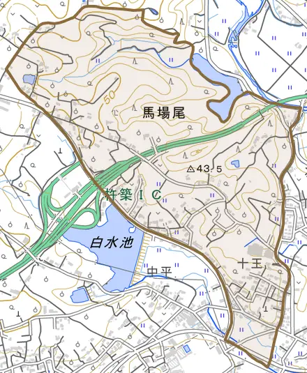 大字馬場尾とその周辺の地図。町の範囲を重ねている
