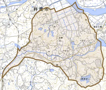 大字日野とその周辺の地図。町の範囲を重ねている