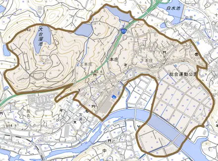 大字本庄とその周辺の地図。町の範囲を重ねている