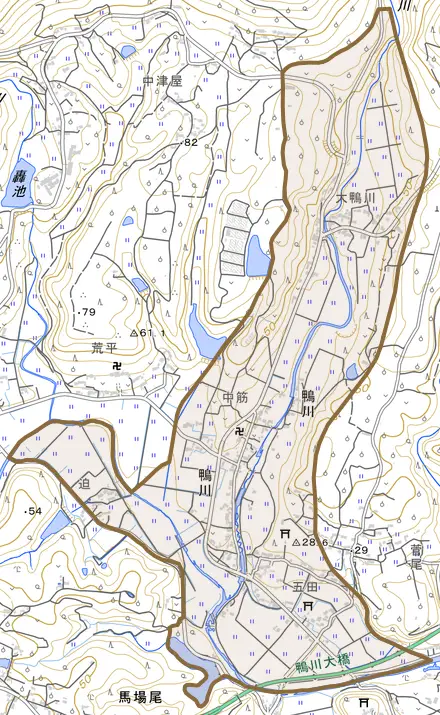 大字鴨川とその周辺の地図。町の範囲を重ねている