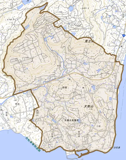 大字狩宿とその周辺の地図。町の範囲を重ねている