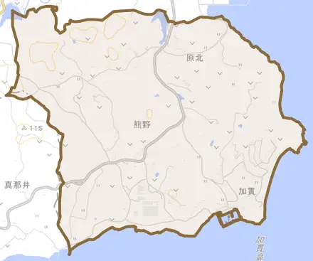 大字熊野とその周辺の地図。町の範囲を重ねている