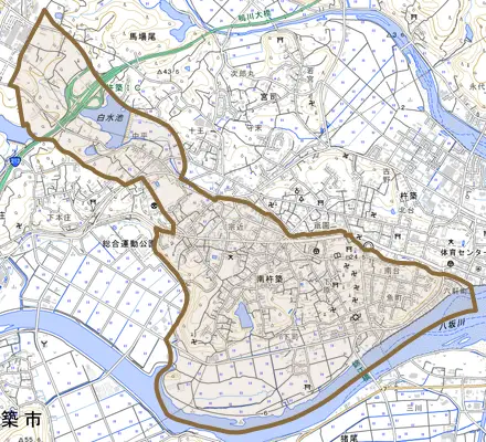 大字南杵築とその周辺の地図。町の範囲を重ねている