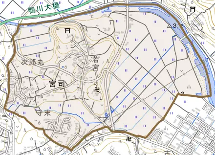 大字宮司とその周辺の地図。町の範囲を重ねている