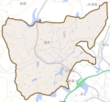 大字溝井とその周辺の地図。町の範囲を重ねている