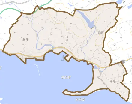 大字守江とその周辺の地図。町の範囲を重ねている