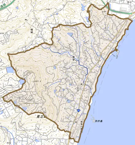 大字奈多とその周辺の地図。町の範囲を重ねている