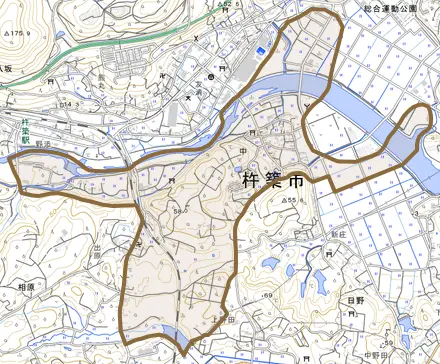 大字中とその周辺の地図。町の範囲を重ねている