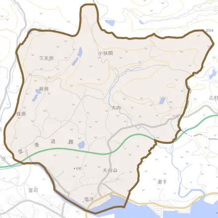 大字大内とその周辺の地図。町の範囲を重ねている
