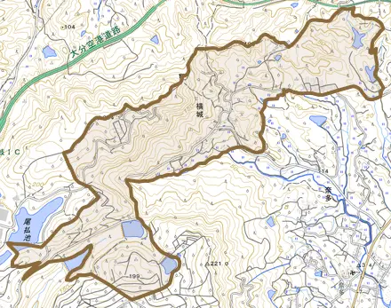 大字横城とその周辺の地図。町の範囲を重ねている