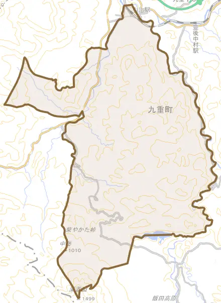 大字町田とその周辺の地図。町の範囲を重ねている