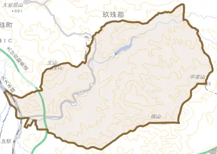 大字松木とその周辺の地図。町の範囲を重ねている