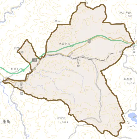 大字野上とその周辺の地図。町の範囲を重ねている