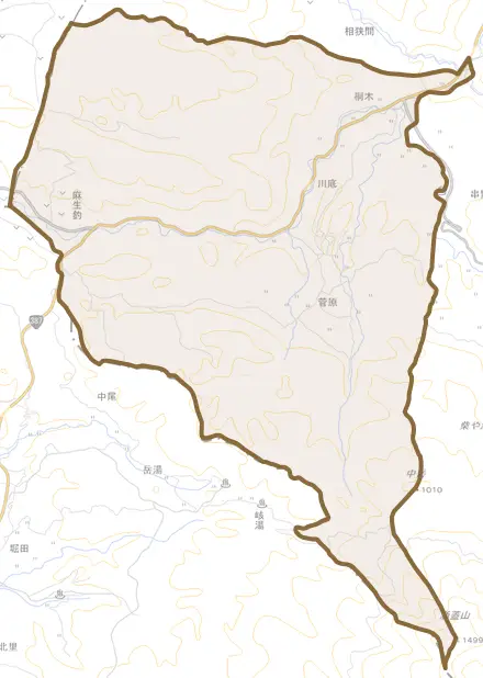 大字菅原とその周辺の地図。町の範囲を重ねている