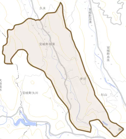 安岐町朝来とその周辺の地図。町の範囲を重ねている
