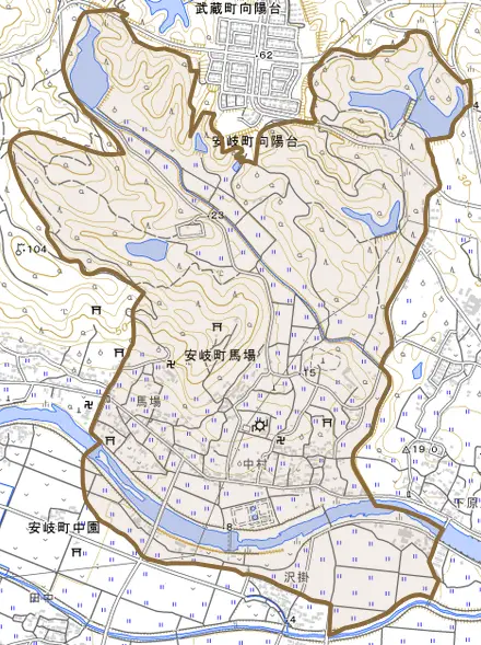 安岐町馬場とその周辺の地図。町の範囲を重ねている