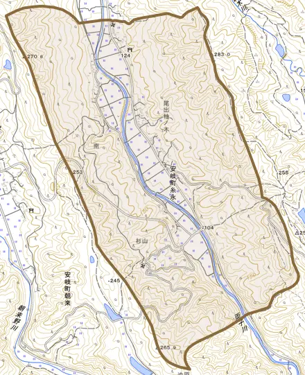 安岐町糸永とその周辺の地図。町の範囲を重ねている