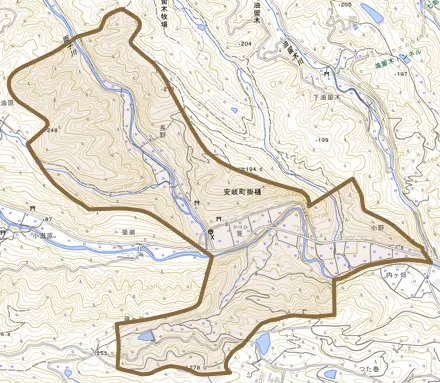 安岐町掛樋とその周辺の地図。町の範囲を重ねている