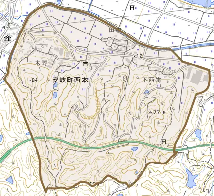 安岐町西本とその周辺の地図。町の範囲を重ねている