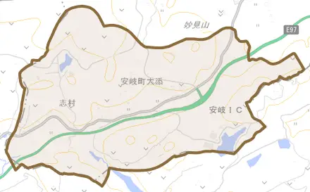 安岐町大添とその周辺の地図。町の範囲を重ねている