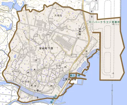 安岐町下原とその周辺の地図。町の範囲を重ねている